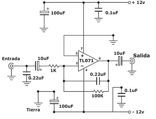 Esquema eletrônico do filtro ativo para subwoofer.