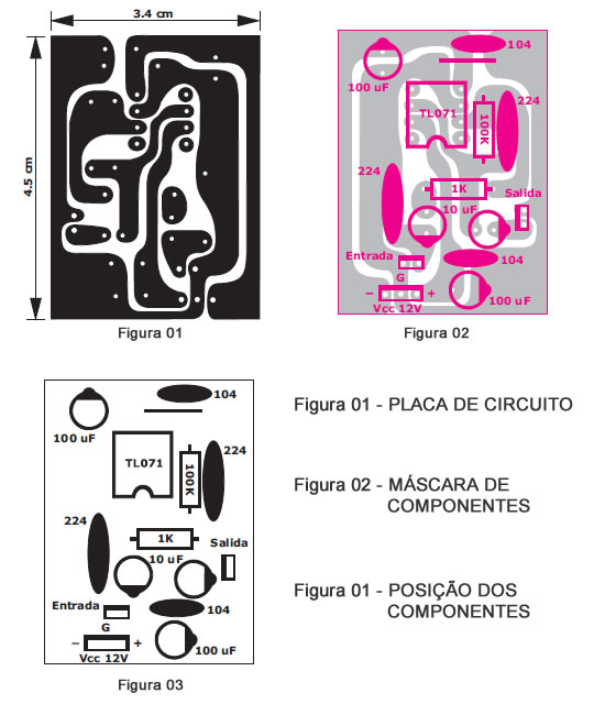 Imagens com detalhes da montagem do filtro ativo para subwoofer.