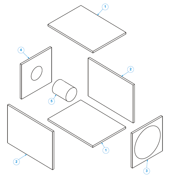 Vista explodida da caixa subwoofer